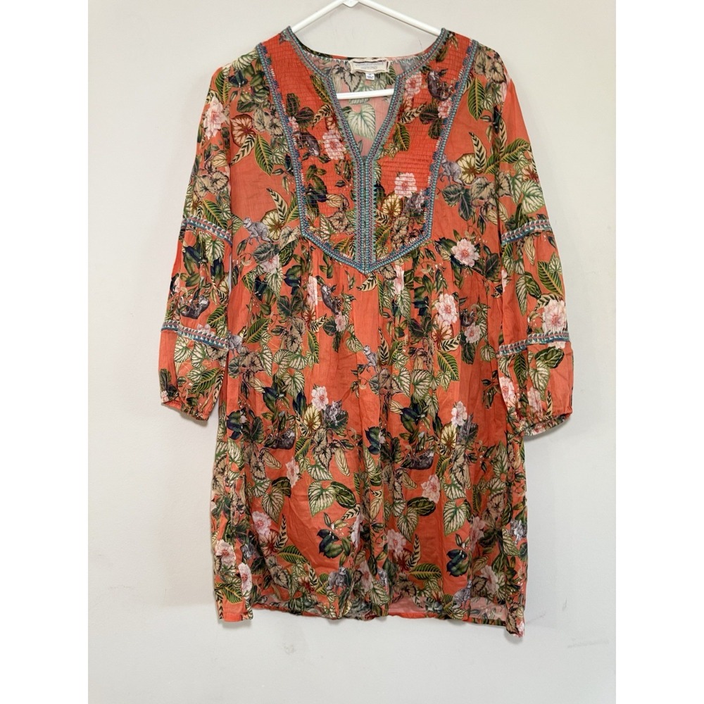 Johnny Was Paris Shift Dress XS Mini Orange Floral Embroidered